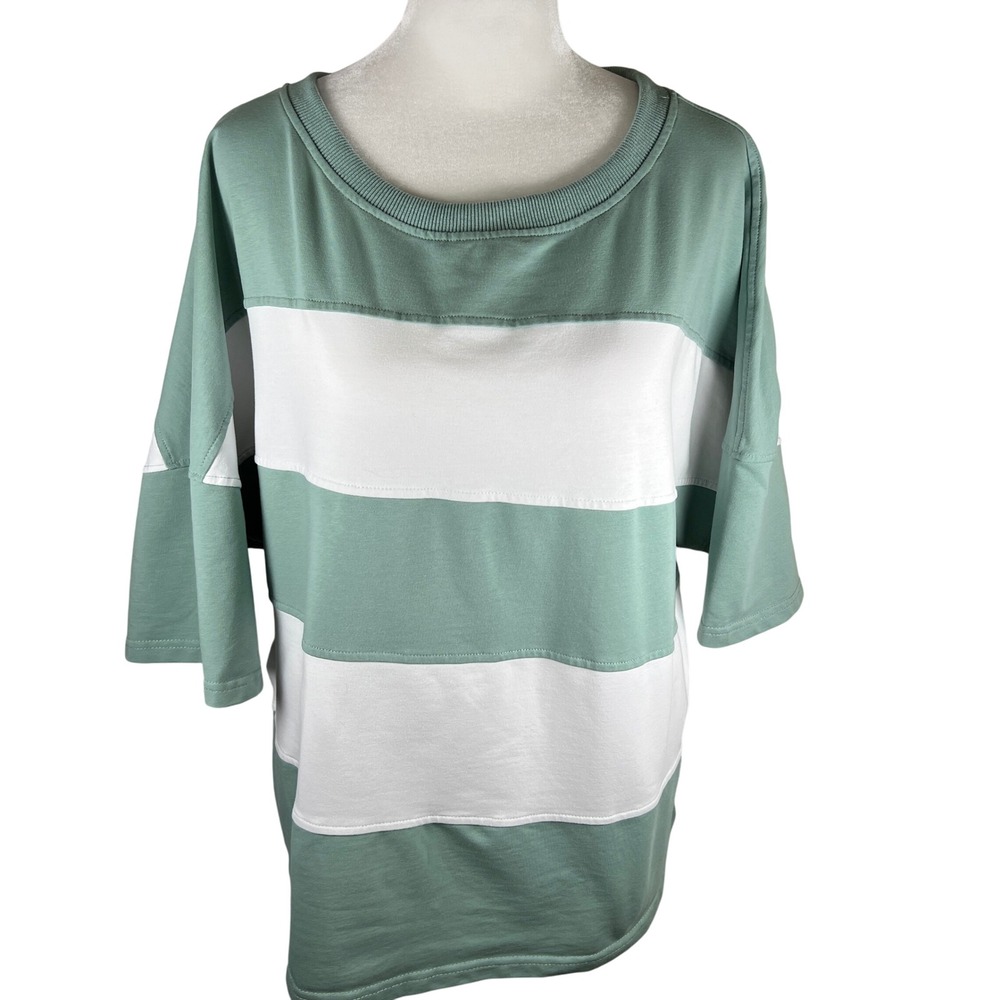 ZESICA Womens Striped Colorblock Pullover Green‎ White Short Sleeve Shirt Size L